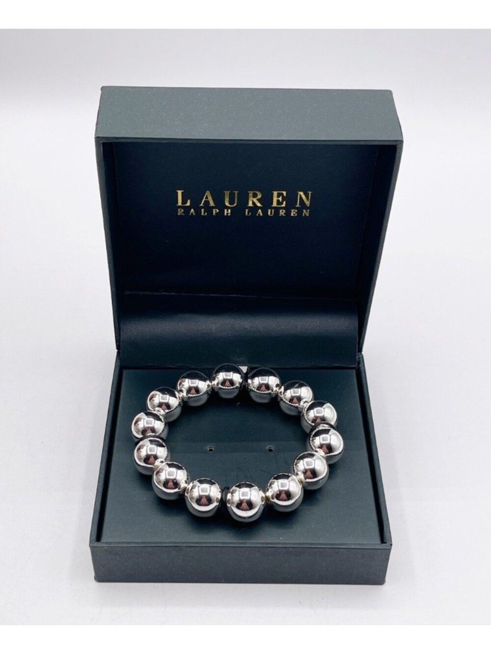 New Lauren Ralph Lauren Silver Tone Ball Bead Stretch Bracelet Chunky Boho